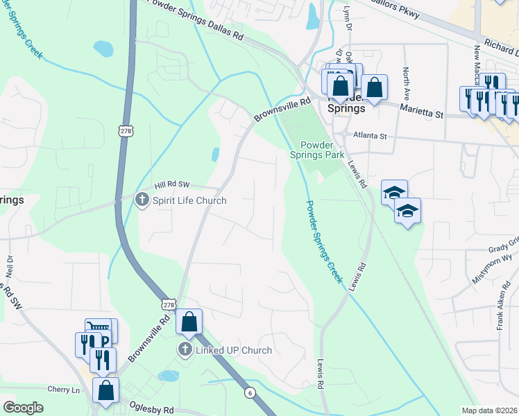 map of restaurants, bars, coffee shops, grocery stores, and more near 4041 Woodbridge Court in Powder Springs