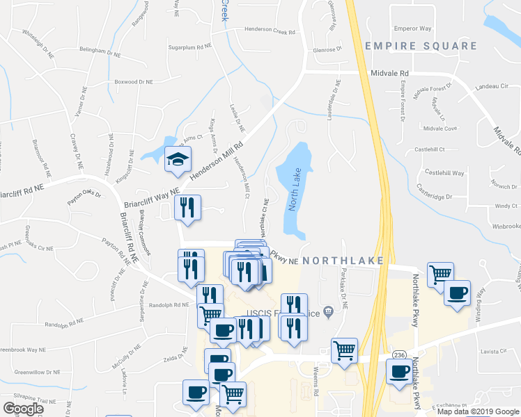 map of restaurants, bars, coffee shops, grocery stores, and more near 2342 Northlake Court Northeast in Atlanta