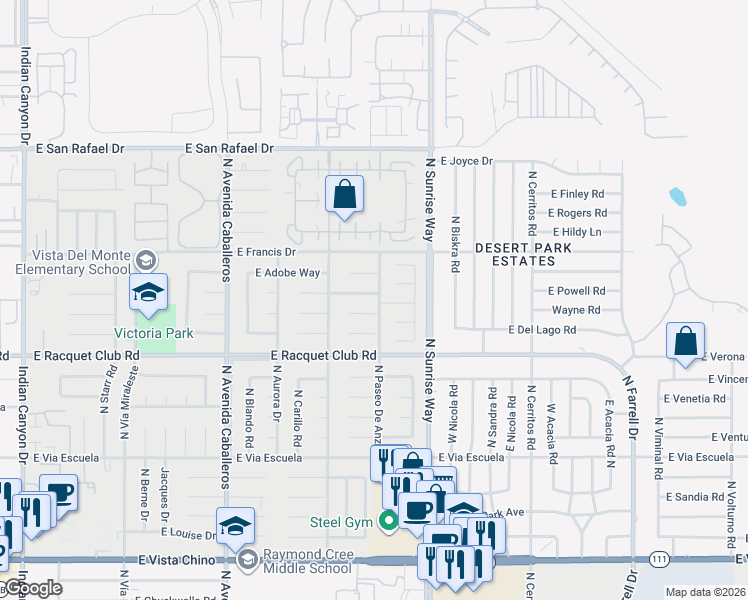map of restaurants, bars, coffee shops, grocery stores, and more near 1495 East Luna Way in Palm Springs