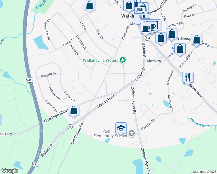 map of restaurants, bars, coffee shops, grocery stores, and more near 97 New High Shoals Road in Watkinsville