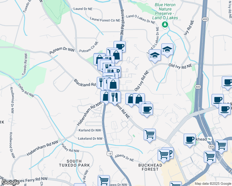 map of restaurants, bars, coffee shops, grocery stores, and more near 3655 Habersham Road Northeast in Atlanta