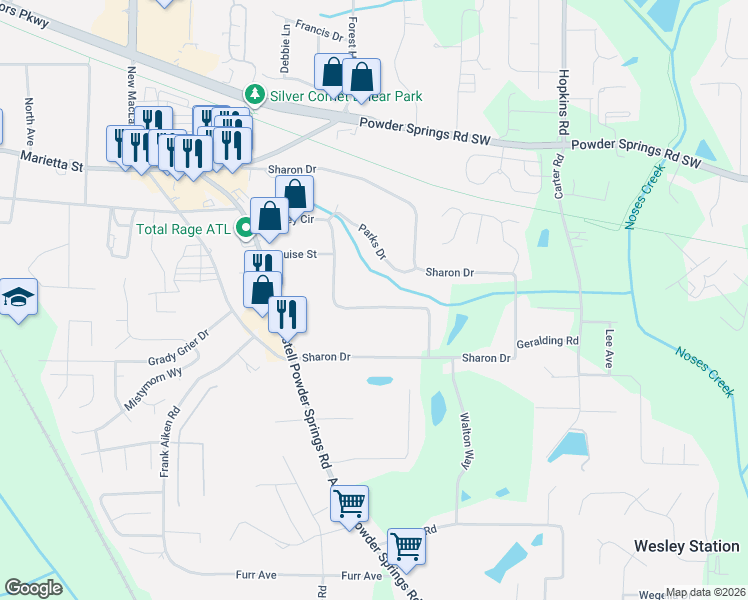 map of restaurants, bars, coffee shops, grocery stores, and more near 3745 Lindley Circle in Powder Springs