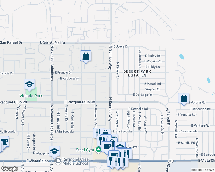 map of restaurants, bars, coffee shops, grocery stores, and more near 2684 Isabella Way in Palm Springs