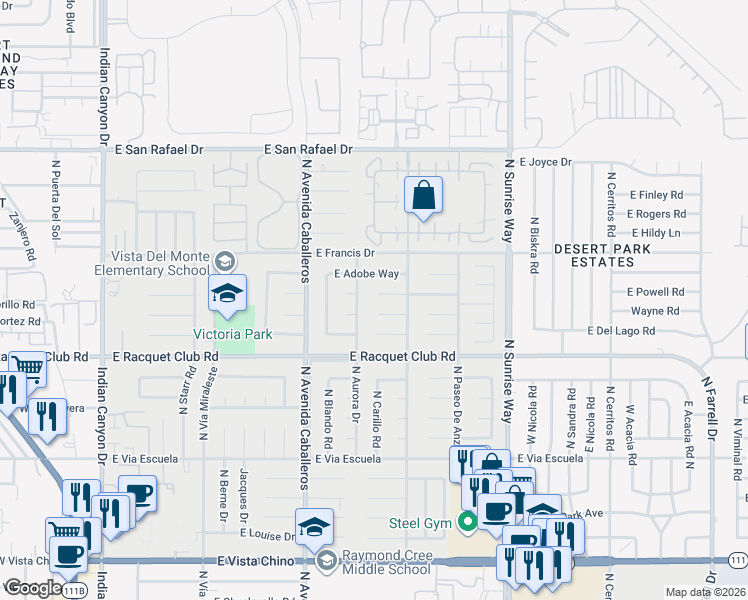 map of restaurants, bars, coffee shops, grocery stores, and more near 1351 East Luna Way in Palm Springs