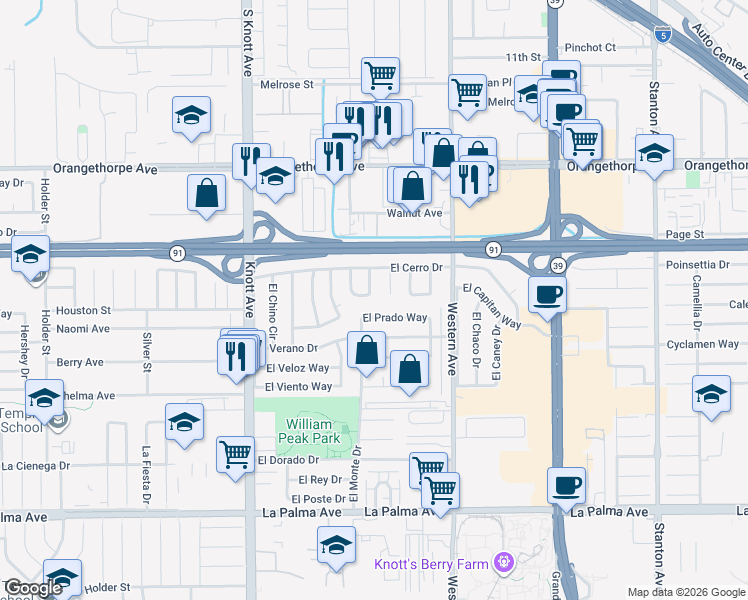 map of restaurants, bars, coffee shops, grocery stores, and more near 7442 McNeil Way in Buena Park