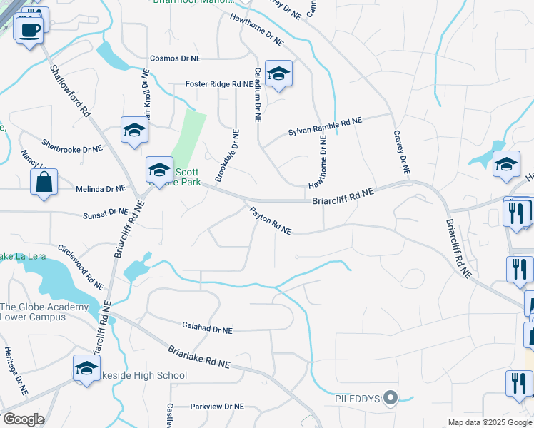 map of restaurants, bars, coffee shops, grocery stores, and more near 2800 Payton Road Northeast in Atlanta