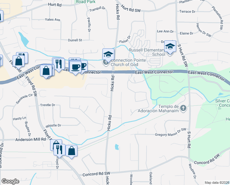 map of restaurants, bars, coffee shops, grocery stores, and more near 4131 Hicks Road in Austell