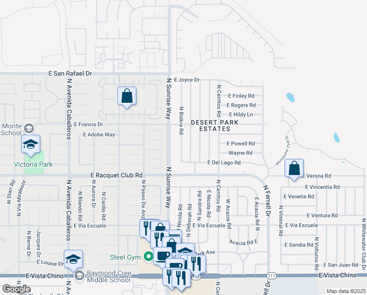 map of restaurants, bars, coffee shops, grocery stores, and more near 2702 North Biskra Road in Palm Springs