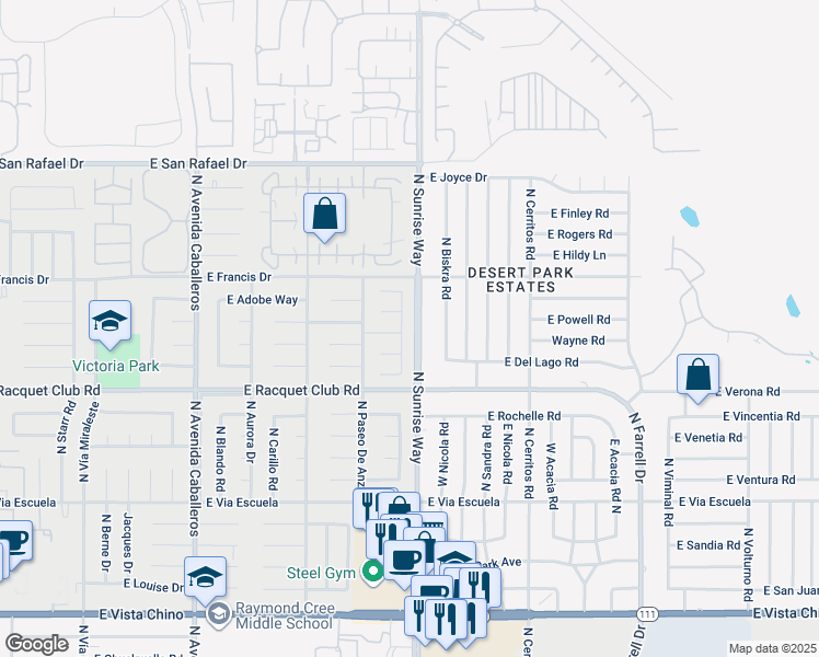 map of restaurants, bars, coffee shops, grocery stores, and more near 2684 Isabella Way in Palm Springs