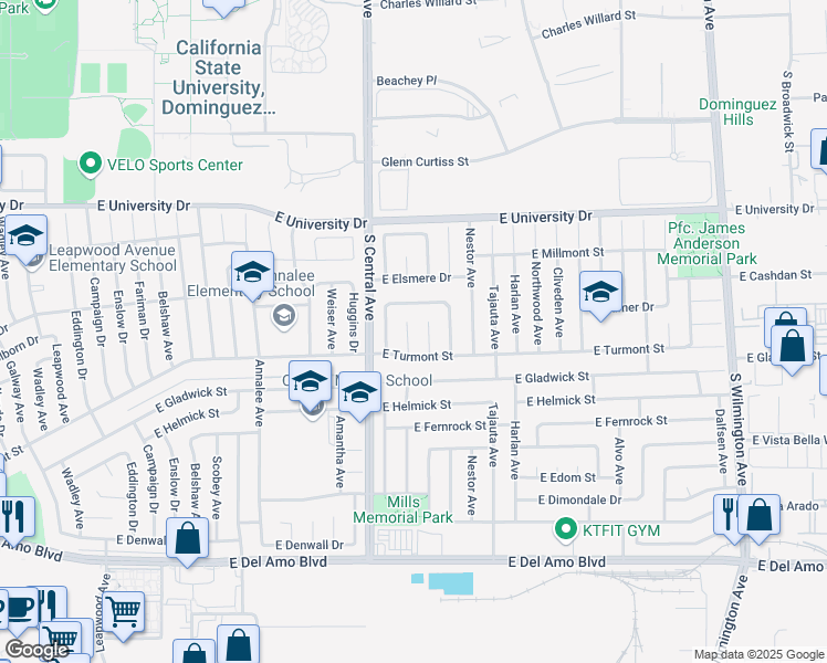 map of restaurants, bars, coffee shops, grocery stores, and more near 19416 Midtown Avenue in Carson
