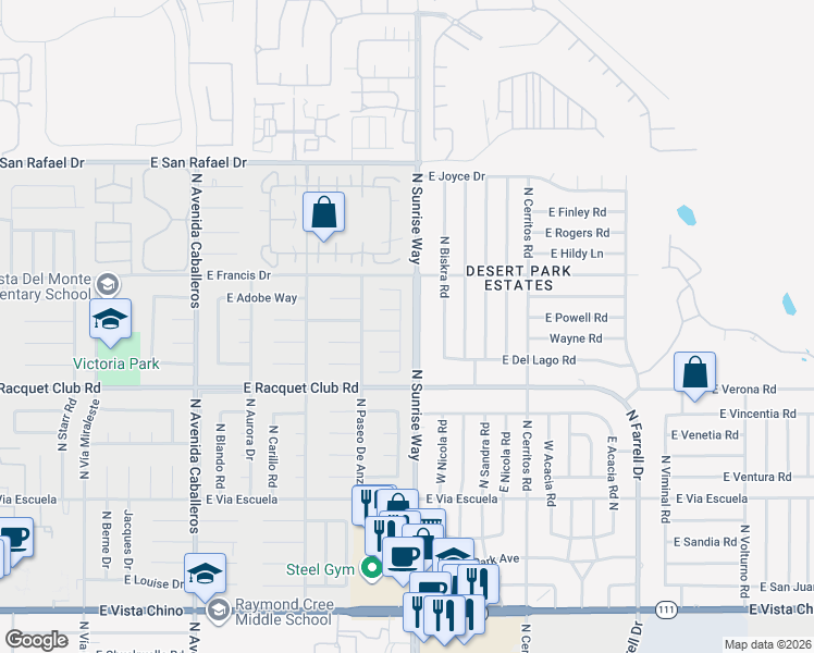 map of restaurants, bars, coffee shops, grocery stores, and more near 2684 Isabella Way in Palm Springs