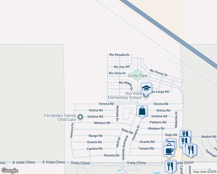 map of restaurants, bars, coffee shops, grocery stores, and more near 67352 Rio Naches Road in Cathedral City
