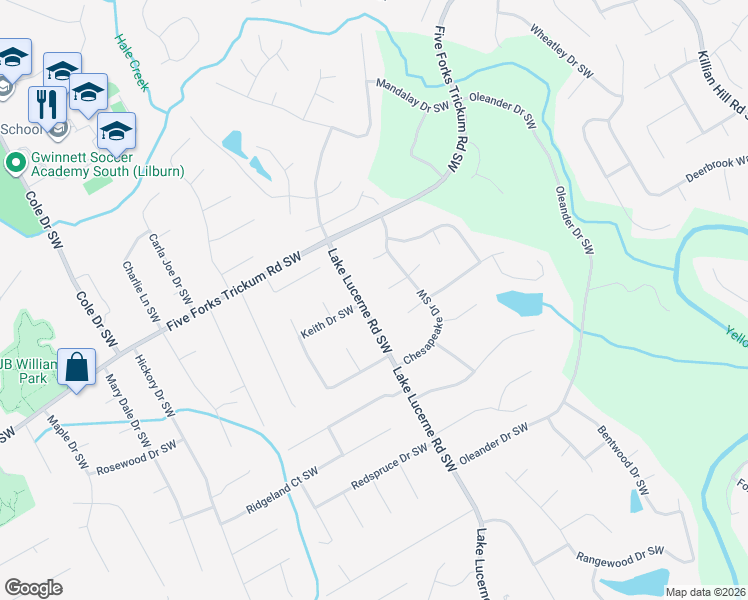 map of restaurants, bars, coffee shops, grocery stores, and more near 1306 Lake Lucerne Road Southwest in Lilburn