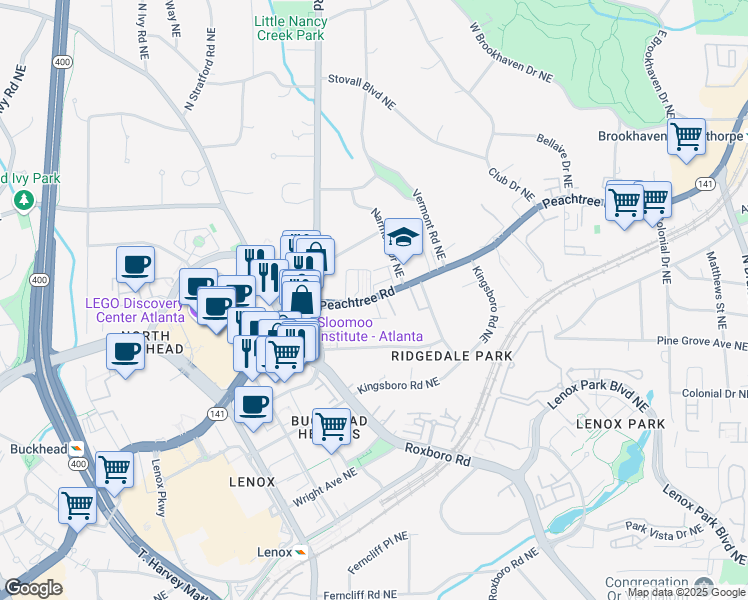 map of restaurants, bars, coffee shops, grocery stores, and more near 3663 Peachtree Dunwoody Road Northeast in Atlanta
