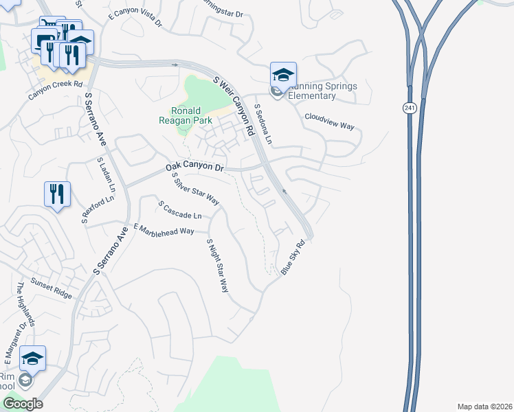 map of restaurants, bars, coffee shops, grocery stores, and more near 1095 South Country Glen Way in Anaheim