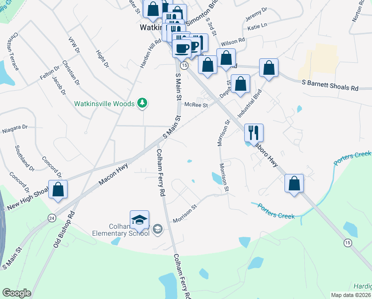 map of restaurants, bars, coffee shops, grocery stores, and more near 118 Colham Ferry Road in Watkinsville