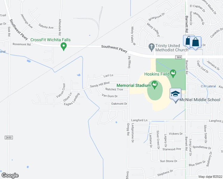 map of restaurants, bars, coffee shops, grocery stores, and more near 6022 Natchez Trce in Wichita Falls