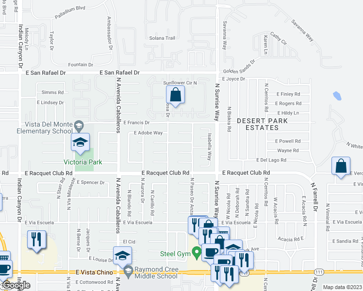 map of restaurants, bars, coffee shops, grocery stores, and more near 1465 East Luna Way in Palm Springs