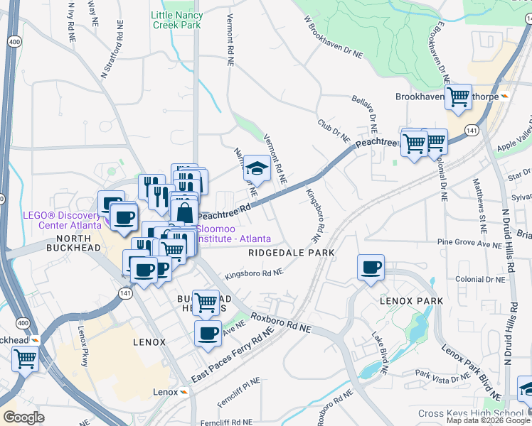 map of restaurants, bars, coffee shops, grocery stores, and more near 3669 Peachtree Road Northeast in Atlanta