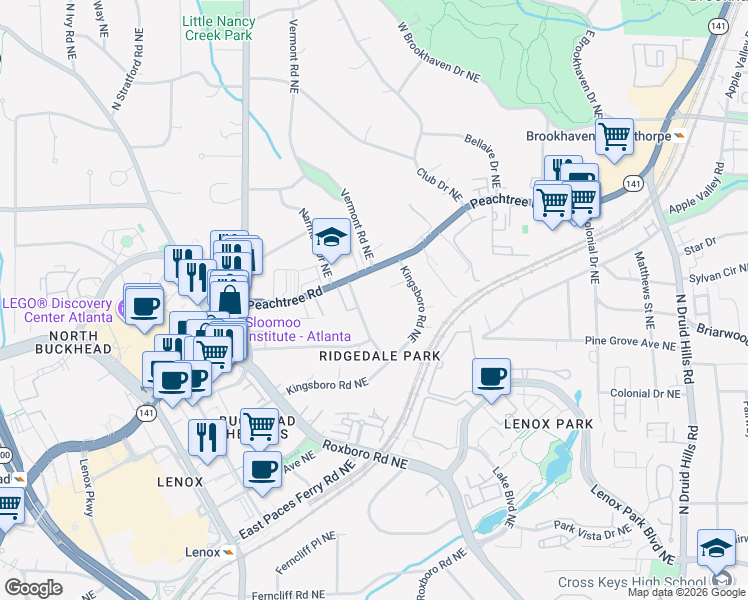 map of restaurants, bars, coffee shops, grocery stores, and more near 3703 Peachtree Road Northeast in Atlanta