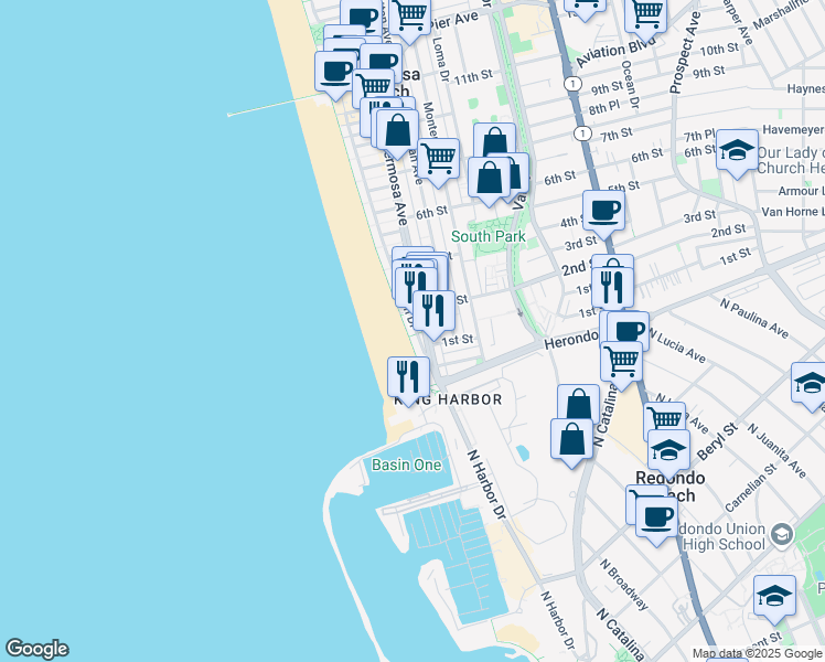 map of restaurants, bars, coffee shops, grocery stores, and more near 1500-1598 The Strand in Hermosa Beach