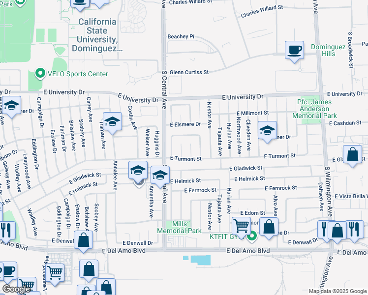 map of restaurants, bars, coffee shops, grocery stores, and more near 19416 Midtown Avenue in Carson