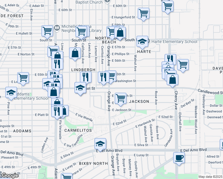 map of restaurants, bars, coffee shops, grocery stores, and more near 5359 Orange Avenue in Long Beach