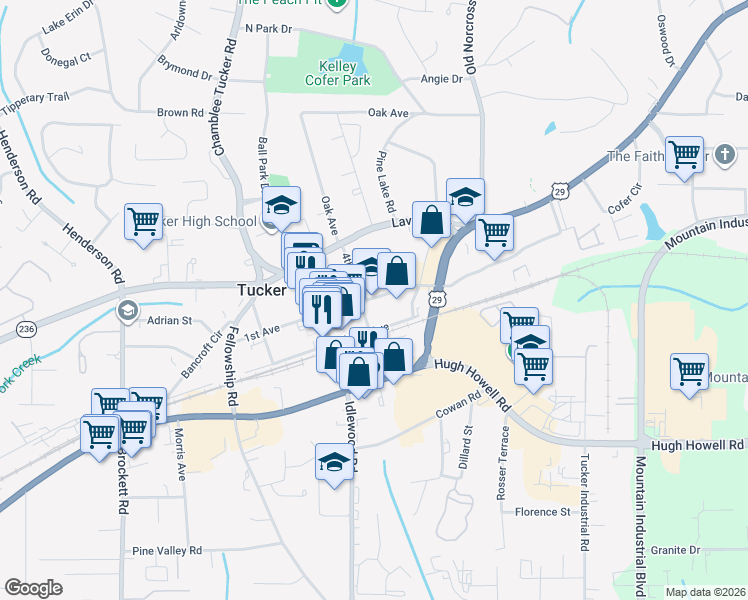 map of restaurants, bars, coffee shops, grocery stores, and more near in Tucker
