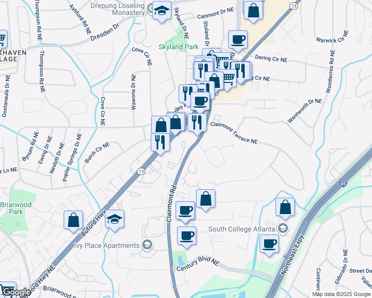 map of restaurants, bars, coffee shops, grocery stores, and more near 3268 Clairmont Road in Atlanta