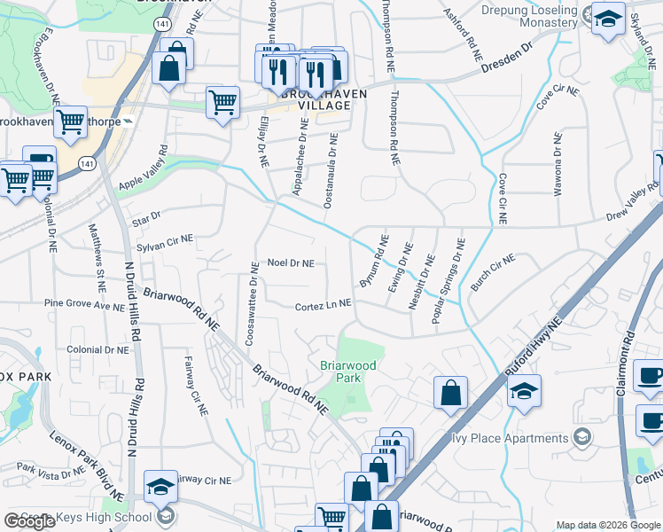 map of restaurants, bars, coffee shops, grocery stores, and more near 2357 Cortez Way Northeast in Atlanta