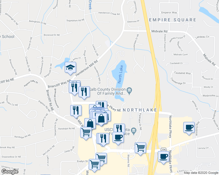 map of restaurants, bars, coffee shops, grocery stores, and more near 2349 Northlake Court Northeast in Atlanta