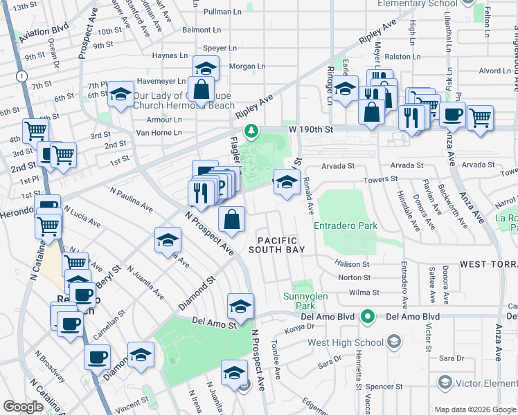 map of restaurants, bars, coffee shops, grocery stores, and more near 19409 Mildred Avenue in Torrance