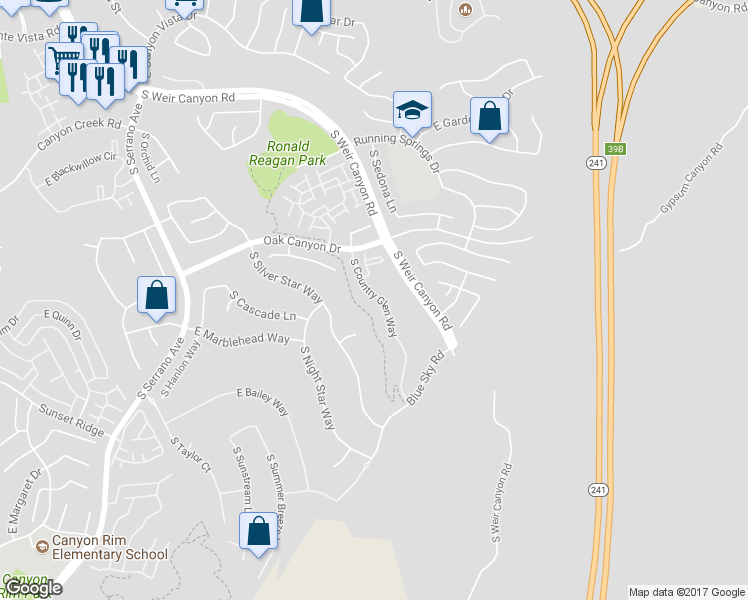 map of restaurants, bars, coffee shops, grocery stores, and more near 8361 East Starcrest Court in Anaheim
