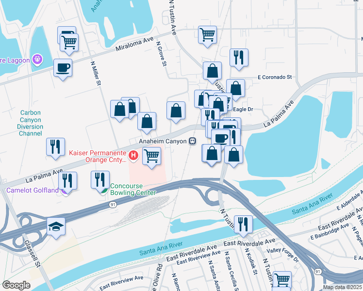 map of restaurants, bars, coffee shops, grocery stores, and more near 1040 North Grove Street in Anaheim