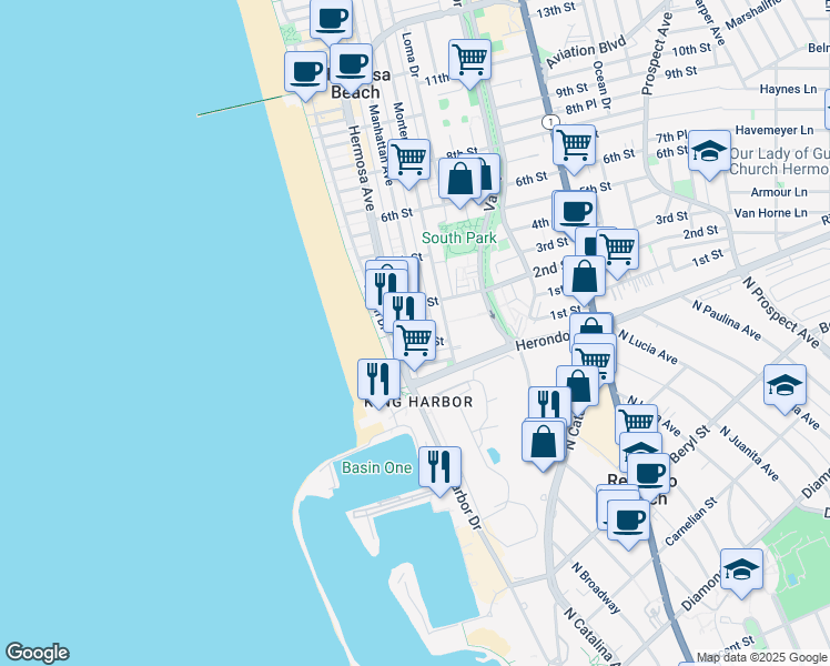 map of restaurants, bars, coffee shops, grocery stores, and more near 161 Lyndon Street in Hermosa Beach