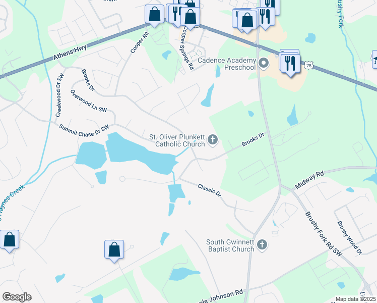 map of restaurants, bars, coffee shops, grocery stores, and more near 3157 Brooks Drive in Snellville