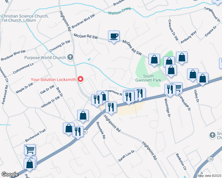 map of restaurants, bars, coffee shops, grocery stores, and more near 3080 Westpoint Cir in Snellville
