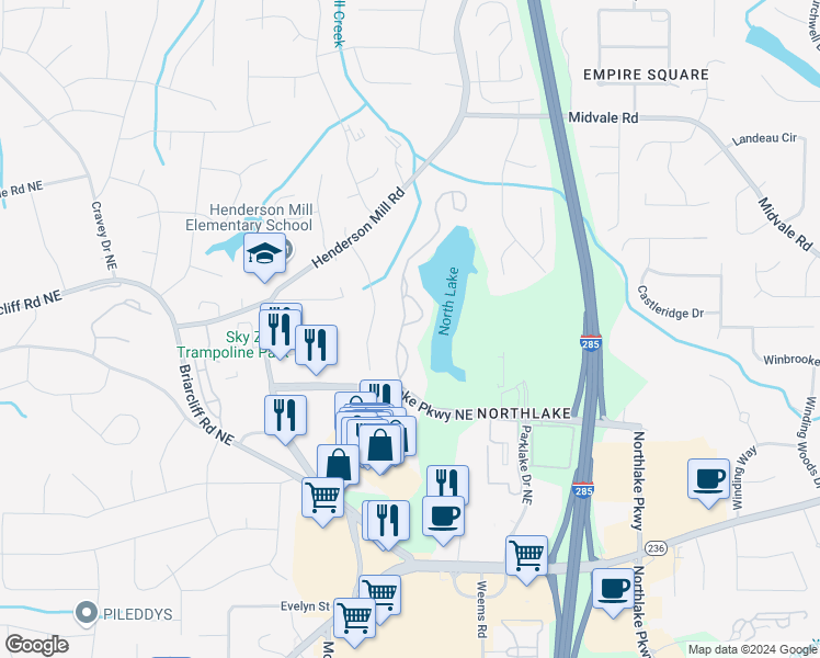 map of restaurants, bars, coffee shops, grocery stores, and more near 2349 Northlake Court Northeast in Atlanta