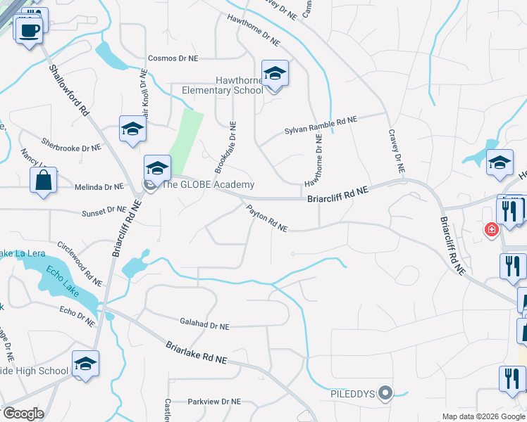 map of restaurants, bars, coffee shops, grocery stores, and more near 2332 Bry Mar Drive Northeast in Atlanta