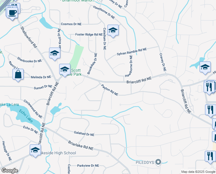 map of restaurants, bars, coffee shops, grocery stores, and more near 2800 Payton Road Northeast in Atlanta