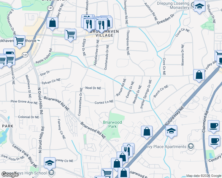 map of restaurants, bars, coffee shops, grocery stores, and more near 2336 Drew Valley Road Northeast in Atlanta