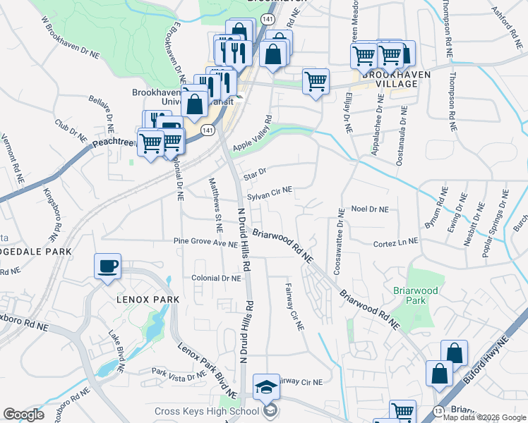 map of restaurants, bars, coffee shops, grocery stores, and more near 2326 Tilbury Drive in Brookhaven