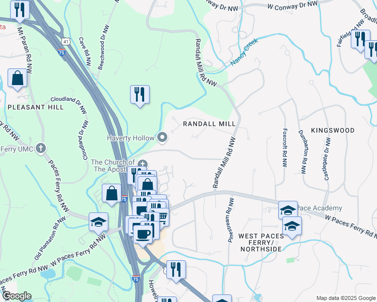map of restaurants, bars, coffee shops, grocery stores, and more near 1165 East Beechwood Drive Northwest in Atlanta