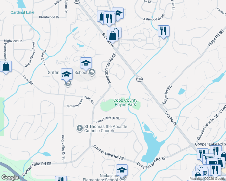 map of restaurants, bars, coffee shops, grocery stores, and more near 3952 Rhyne Way Southeast in Smyrna