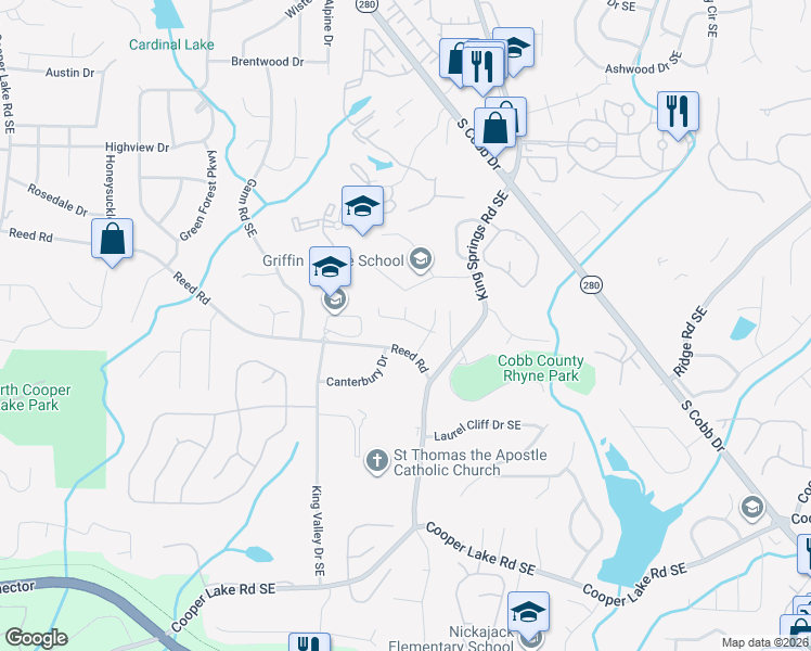 map of restaurants, bars, coffee shops, grocery stores, and more near 1151 Reed Road in Smyrna