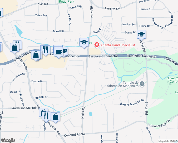 map of restaurants, bars, coffee shops, grocery stores, and more near 4115 Hicks Road in Austell