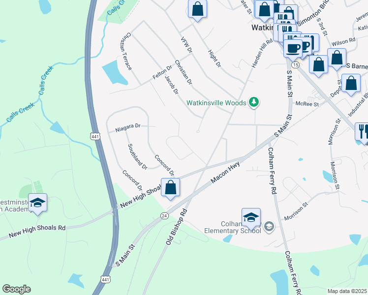 map of restaurants, bars, coffee shops, grocery stores, and more near 135 Marshall Drive in Watkinsville