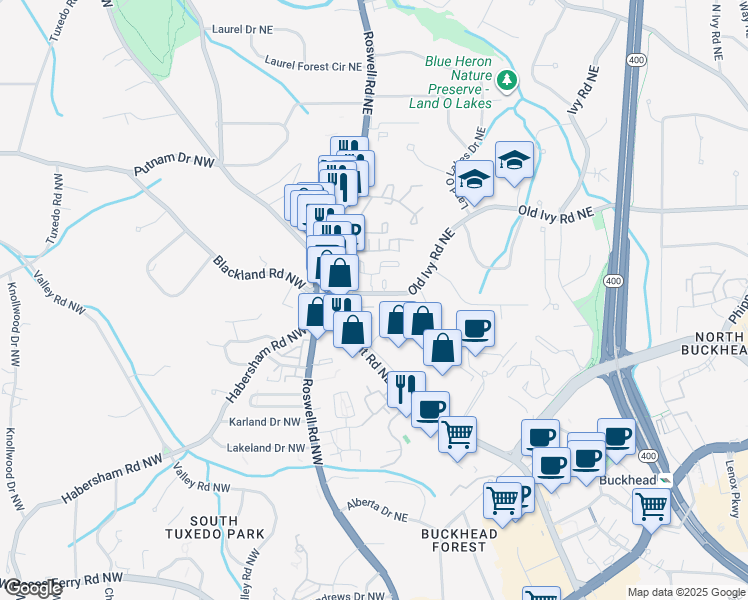map of restaurants, bars, coffee shops, grocery stores, and more near 105 Old Ivy Road Northeast in Atlanta