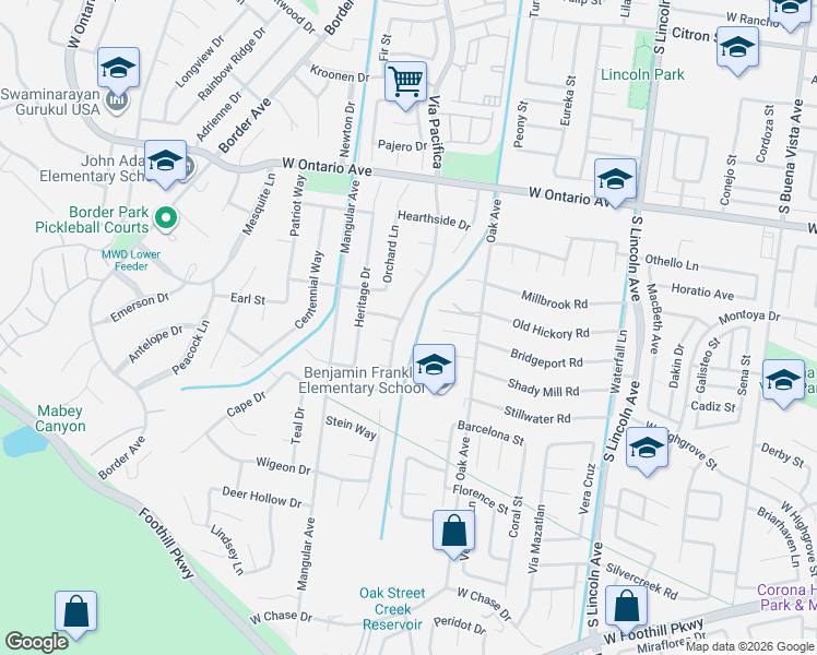 map of restaurants, bars, coffee shops, grocery stores, and more near 2543 Vía Pacifica in Corona