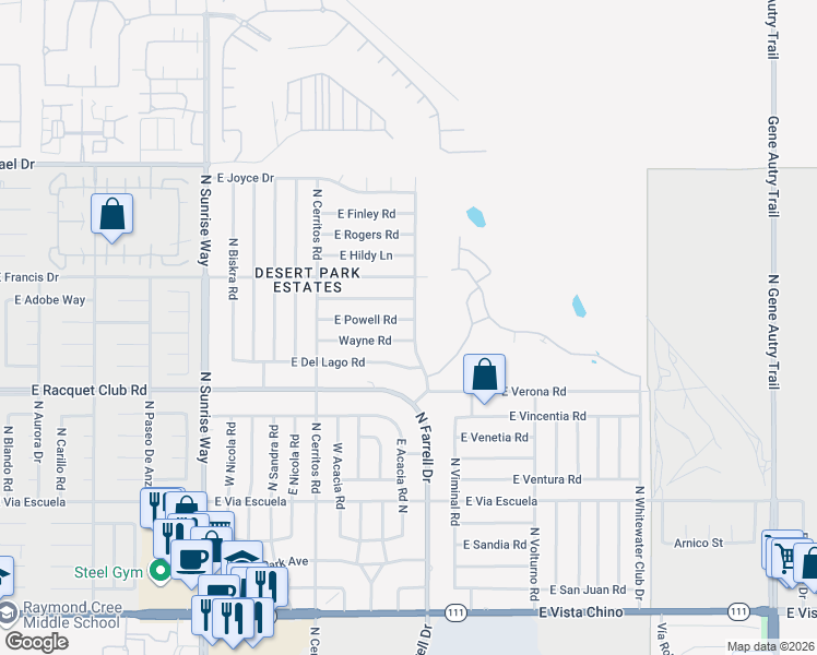 map of restaurants, bars, coffee shops, grocery stores, and more near 2599 North Farrell Drive in Palm Springs